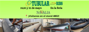 Banner de Tubular Ribs para Navalia 2026, stand 4B02. Se detalla fabricación y reparación artesanal de flotadores con fotos del proceso técnico y acabados.